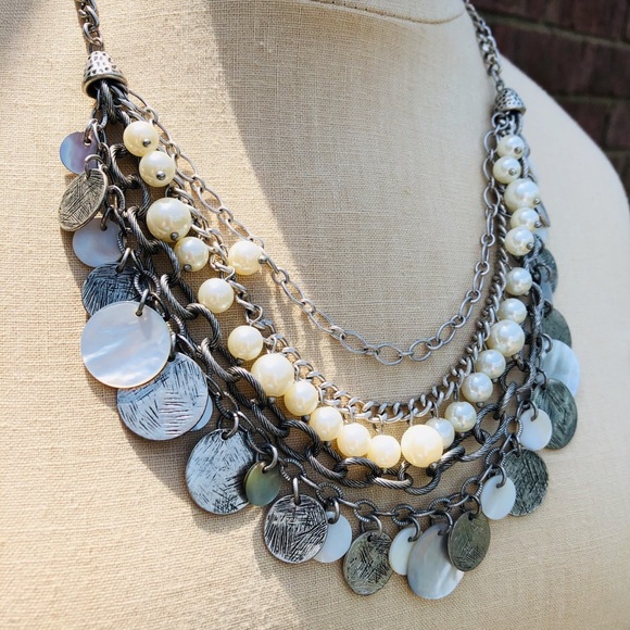 Multi-Strand Pearl & Silver-Tone Disc & Chain - Picture 1 of 8